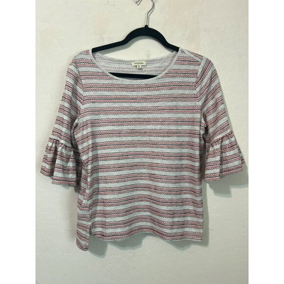 Max Studio Sz L Ruffle Sleeve Embroidered Stripe Top Coral Black White - Picture 1 of 7